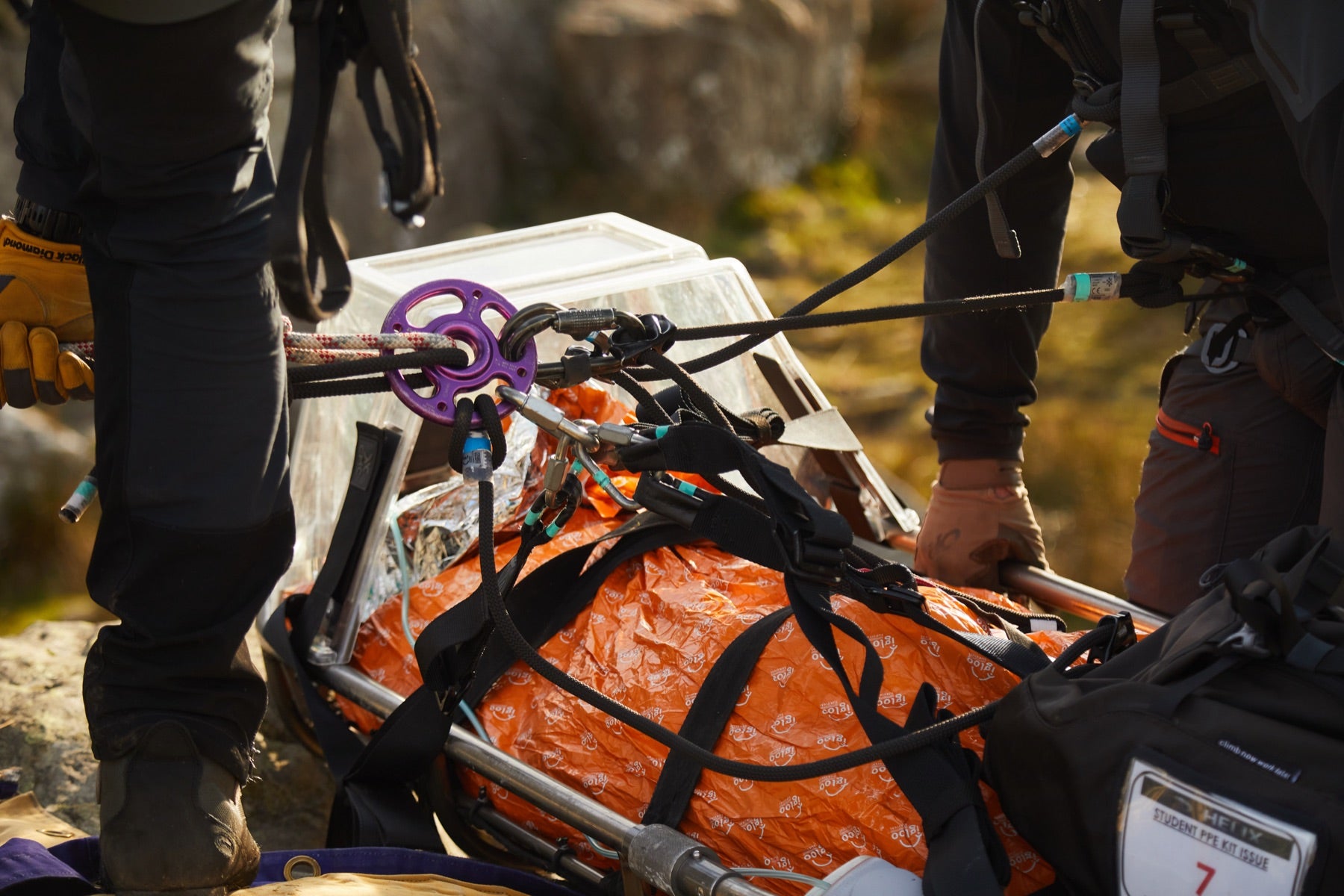 Close up of a stretcher rigged to ropes during an advanced first aid and trauma response training course